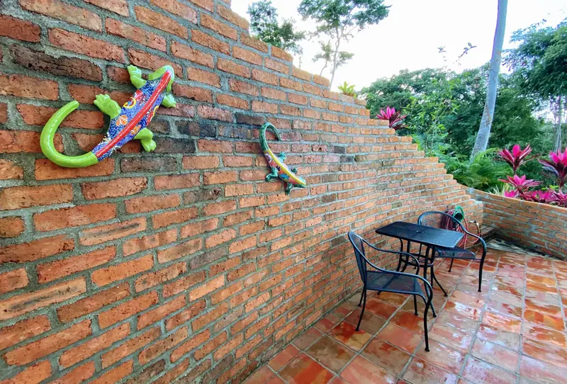 Lower terrace with brick wall, Casa Gratitud, Yelapa